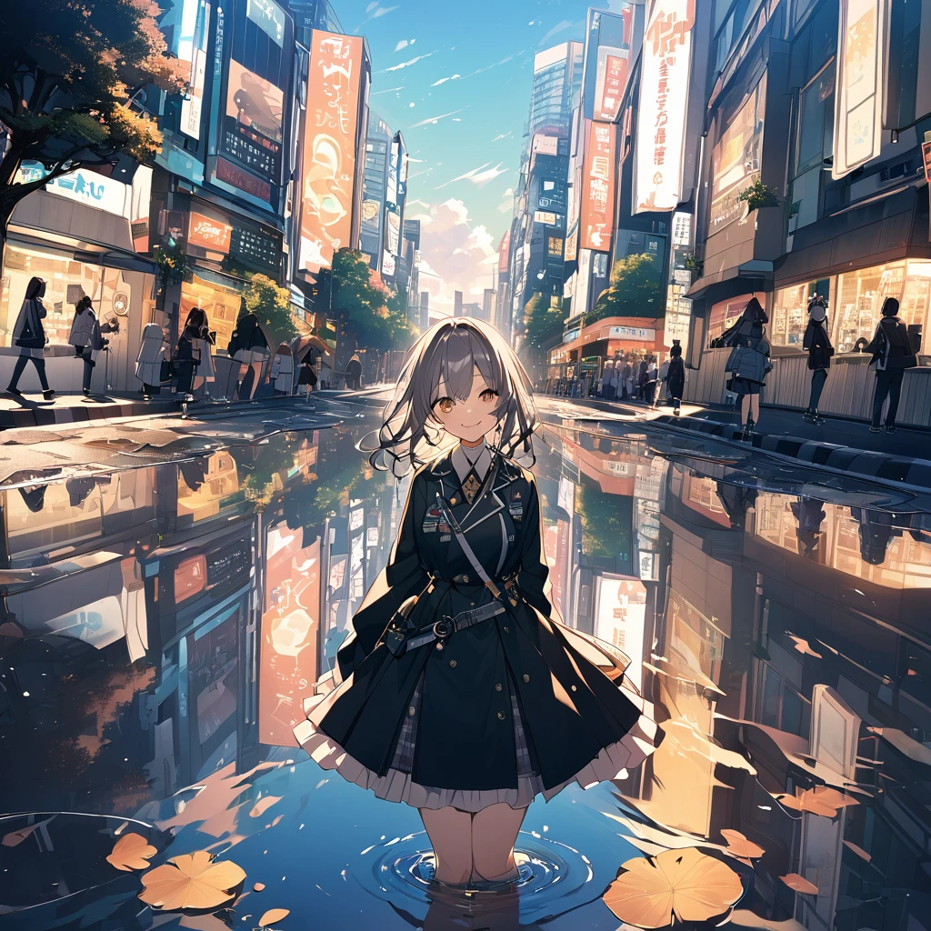 Charcos en el camino。Una niña sonriente y el paisaje urbano de Tokio se reflejan en el charco.。