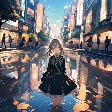 Puddles on the road。A smiling girl and the Tokyo cityscape are reflected in the puddle.。