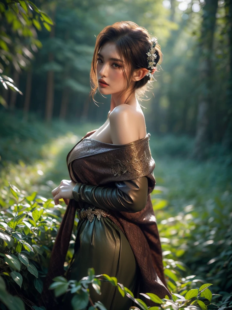 An alluring การยิงข้ามไหล่ of a woman in an elf warrior costume, สายตามุ่งมั่นของเธอสบสายตากับผู้ชม. ป่าลึกลับที่อยู่ด้านหลังเธออาบไปด้วยแสงอันอบอุ่นยามพลบค่ำ. (การยิงข้ามไหล่: 1.5), (ท่าทางจ้องมองอย่างมุ่งมั่น: 1.4), (ป่าที่น่าหลงใหล: 1.5), (แสงพลบค่ำ: 1.3), (การผจญภัยที่เร้าอารมณ์: 1.4), (โลกแฟนตาซี: 1.5).