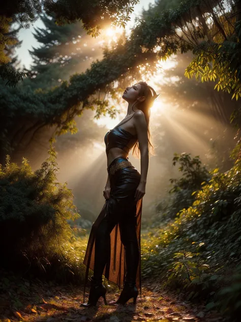 a dramatic low-angle shot of a female elf warrior, hands on hips, silhouetted against the twilight sky in the magical forest. th...