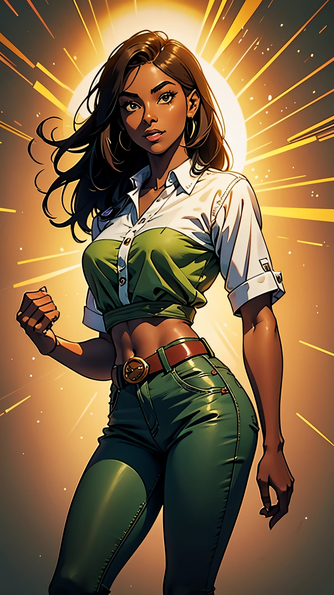 Leilani, she is short, with dark skin and straight hair, approximately 21 years old and with a cheerful personality, she was wearing a green and denim blouse and in the middle a brown belt that showed off her thin waist, comic style