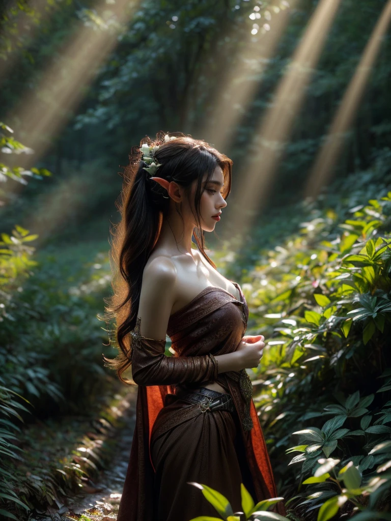 A captivating profile shot of a female elf warrior, her gaze fixed in the distance, lending an air of anticipation. The twilight-kissed mystical forest setting adds a layer of enigma to the image. (profile shot: 1.5), (focused pose: 1.4), (surreal forest: 1.5), (twilight charm: 1.3), (erotic adventure: 1.4), (fantasy world: 1.5).