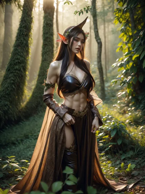 An alluring long-shot photo of a female garbed as a beguiling elf warrior, nonchalantly leaning against a tree in an enigmatic f...
