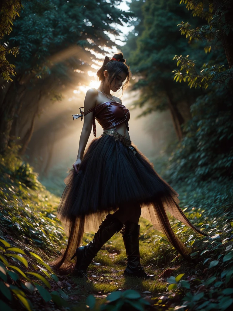 A dramatic low-angle shot of a female elf warrior, hands on hips, silhouetted against the twilight sky in the magical forest. The image exudes an aura of undeniable power and beauty. (low-angle shot: 1.5), (powerful pose: 1.4), (enchanted forest: 1.5), (twilight silhouette: 1.3), (erotic adventure: 1.4), (fantasy world: 1.5).