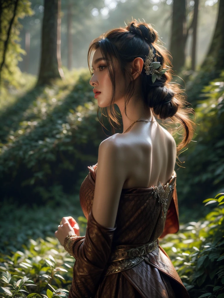 A captivating profile shot of a female elf warrior, her gaze fixed in the distance, lending an air of anticipation. The twilight-kissed mystical forest setting adds a layer of enigma to the image. (profile shot: 1.5), (focused pose: 1.4), (surreal forest: 1.5), (twilight charm: 1.3), (erotic adventure: 1.4), (fantasy world: 1.5).