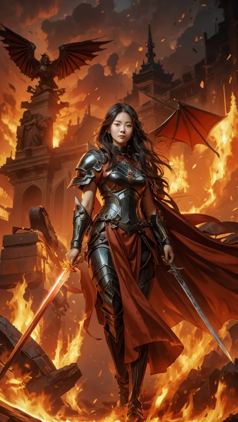 a masterpiece of mythology, a 26 year old Korean girl wearing a black warrior outfit complete with armor tightening her hands ho...