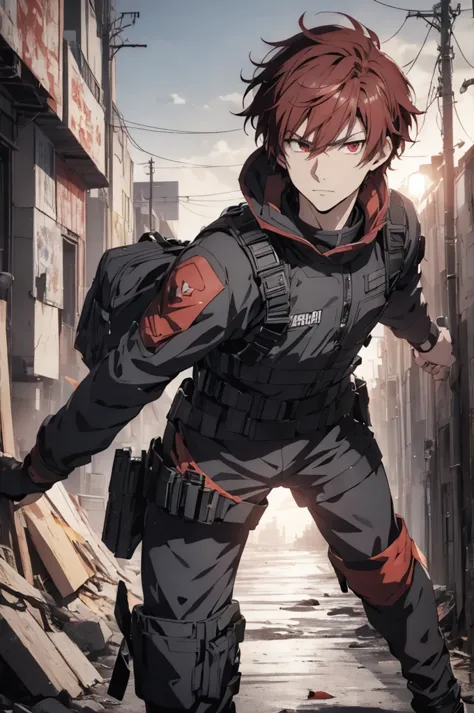 1 male, solo, red hair , anime character wearing combat suit, kaworu nagisa, anime handsome man, male anime character, tall anim...