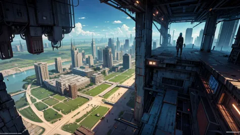 battle scenario. rpg scenario. futuristic setting. technological city. abandoned city. seen from above