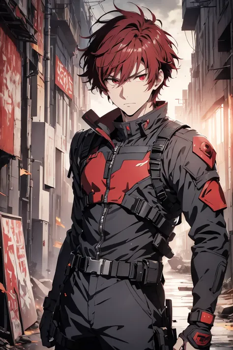 1 male, solo, red hair , anime character wearing combat suit, kaworu nagisa, anime handsome man, male anime character, tall anim...