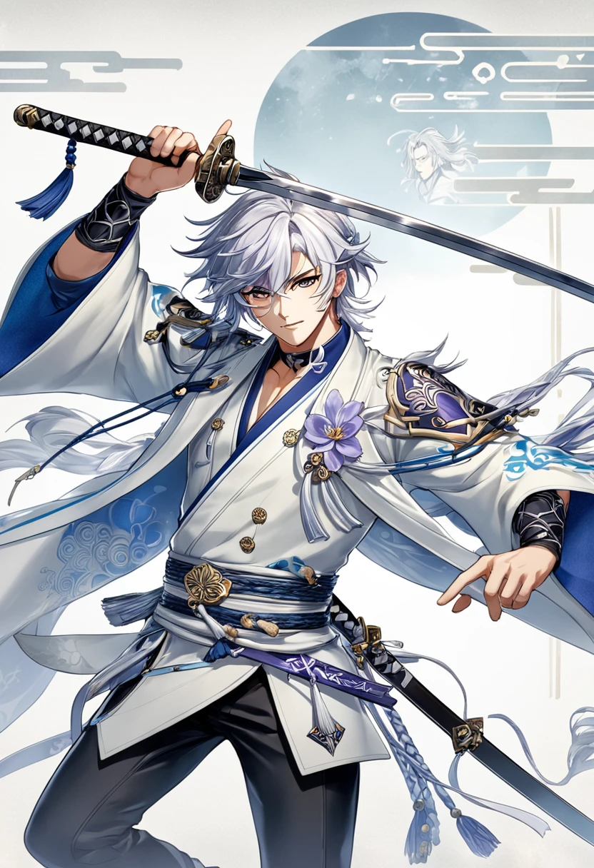 Holding a sword、Anime characters with gray hair, Keqing of Genshin Impact, White-haired God, Tall anime guy with blue eyes, Male Anime Characters, Handsome men from Demon Slayer, masamune shiro, Genshin Impact Mid-Range, Handsome anime pose, Zhao Yun, Best anime 4k konachan wallpaper, Detailed Anime Character Art