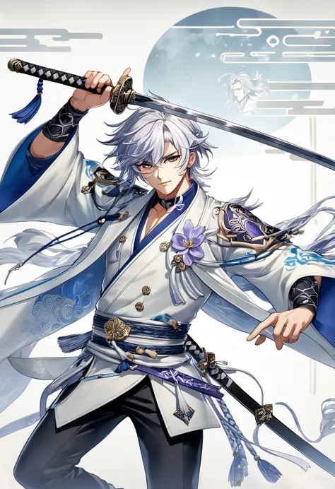 holding a sword、anime characters with gray hair, keqing of genshin impact, white-haired god, tall anime guy with blue eyes, male...