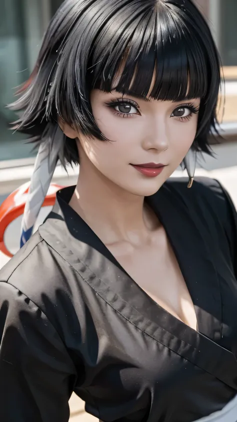 a close up of a person with short hair and a black kimono, soifon, soifon from anime bleach, as an anime character, perfect anim...