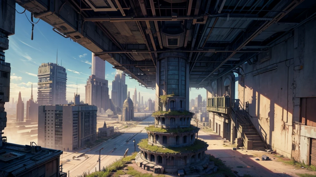 Detailed scenery of an abandoned city. tabletop rpg setting. seen up close, like a scenery. It must be a futuristic city, millennia in the future