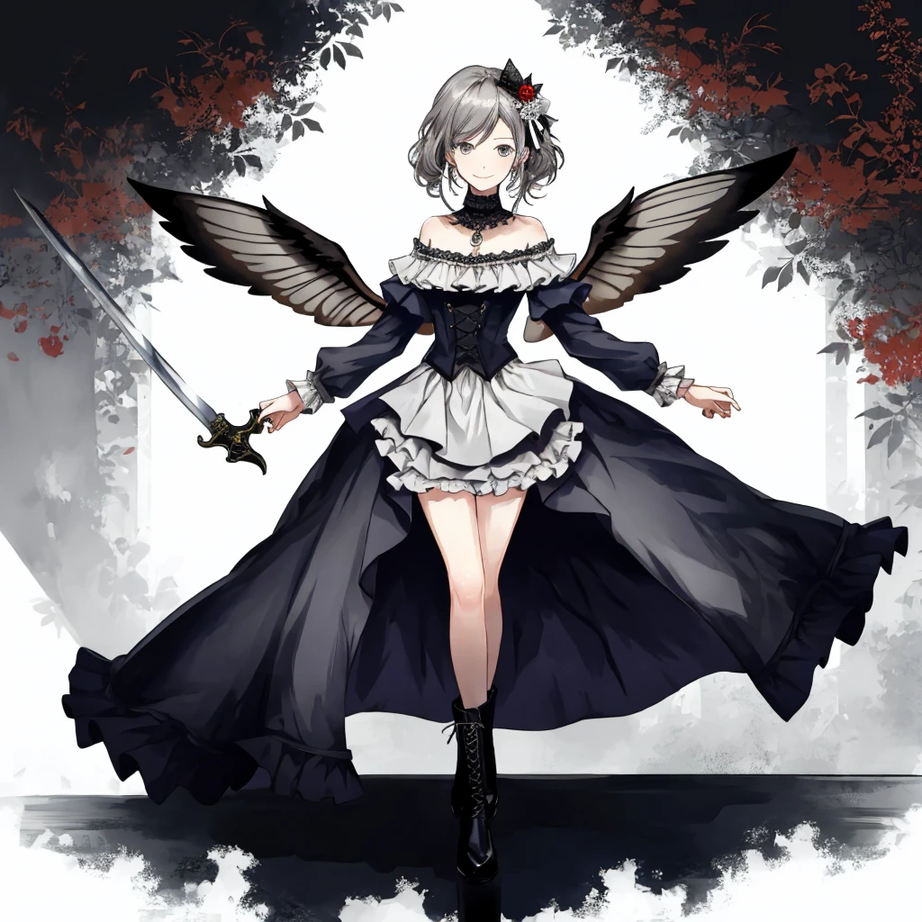  ((best quality)), ((masterpiece)), (detailed), 1girl, Character design, female, dynamic poses, long white grey hair, grey white eyes, very skinny, detailed, best quality, no accesoires around the neck, prominent collarbones, skinny arms, full body, blank white background, plain background, white background, ((red and white clothing)), Bloodborne inspired, occult aesthetic, occult, detailed and intricate steampunk and detailed gothic, Very dramatic and cinematic lighting, cosmic horror, grim-dark, side-lighting, perfect face,  Fluttering lace flared long knee length dress with frilly petticoats, knee length dress, pleated petticoats, petticoats gothic, complex lace boots, side-lighting, gothic aesthetic, wielding a mighty sword with mechanical components, mandalas, small breasts, a fairy, various different types of insect wings,full body, whole body, white holy clothes,white holy clothes,((evil smile)),