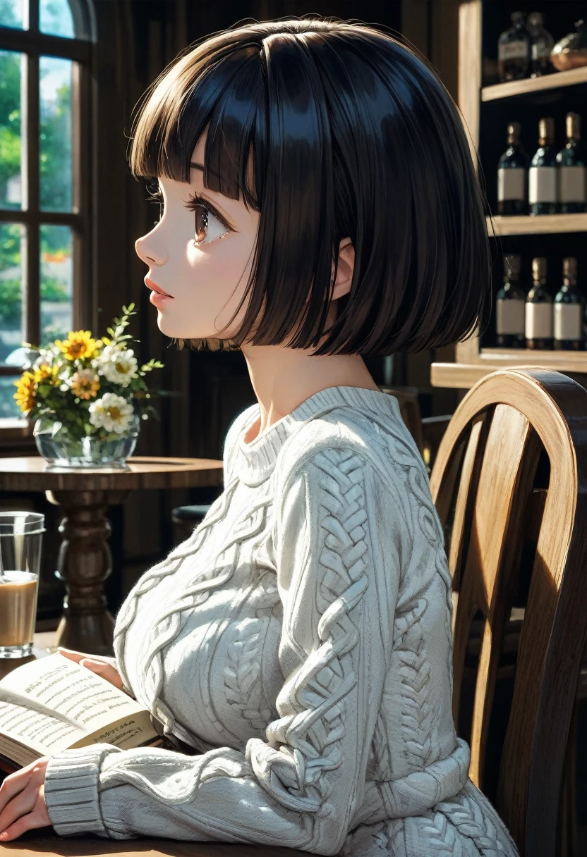 score_9,score_8_up,score_7_up,masterpiece,best quality, source anime, realistic, super detailed, extreme detailed, rating_safe,
1girl, solo, sitting on chair, reading book, upper body, from side,
BREAK girl, 22yo, short hair, bob cut, (blunt bangs), black hair, (tareme, detailed cute brown eyes), curled eyelashes, (large breasts:0.9), 
shiny hair, beautiful detailed eyes, beautiful face,
white knitted sweater, 
(sad:0.8), tears, parted lips,
cafe, warm light,  