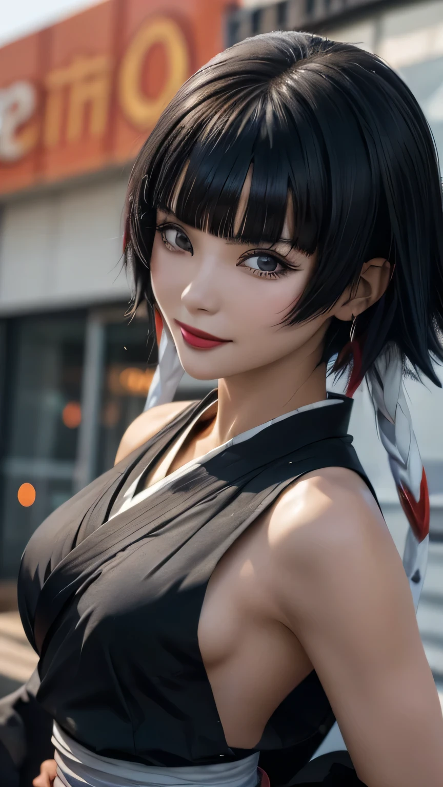 sfw, a close up of a person with short hair and a black kimono, soifon, soifon from anime bleach, as an anime character, perfect anime face, she has black hair with bangs, female anime character, anime character, anime best girl, hime cut hairstyle, black hair, (red glossy lips:1.3), blue eyes, smile, realistic, ultra detail, city background, (beautiful face:1.3), wearing bra,((skinny waist)), young asian girl, ((big breasted)),