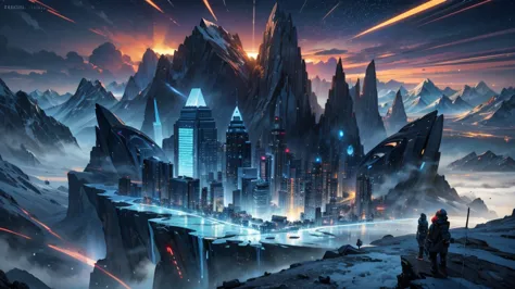 make a futuristic city on top of a mountain. as if it were in denali in alaska. the city must be very advanced and beautiful. ma...