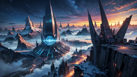 make a futuristic city on top of a mountain. as if it were in denali in alaska. the city must be very advanced and beautiful. ma...