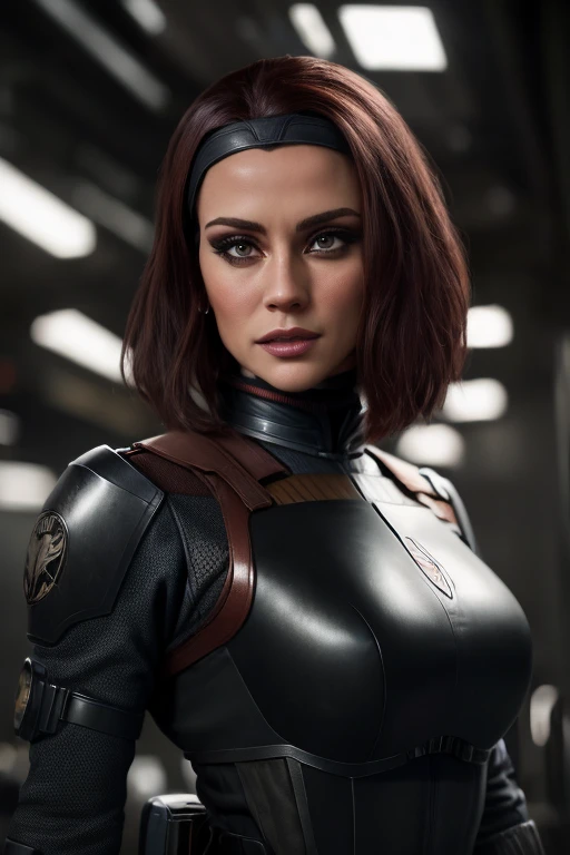 intricate detailed cyberpunk sci-fi hangar interior, highly detailed Bokatan character, 1 female, beautiful detailed face, detailed eyes, detailed nose, detailed lips, intricate detailed armor, intricate detailed weapons, cinematic dramatic lighting, dark moody atmosphere, moody dramatic colors, gritty realistic textures, (best quality,8k,highres,masterpiece:1.2),ultra-detailed,(realistic,photorealistic,photo-realistic:1.37)