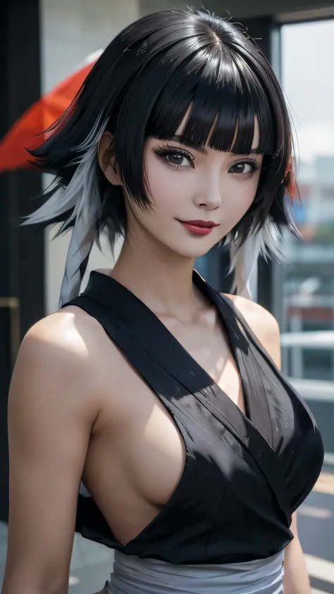 sfw, a close up of a person with short hair and a black kimono, soifon, soifon from anime bleach, as an anime character, perfect...