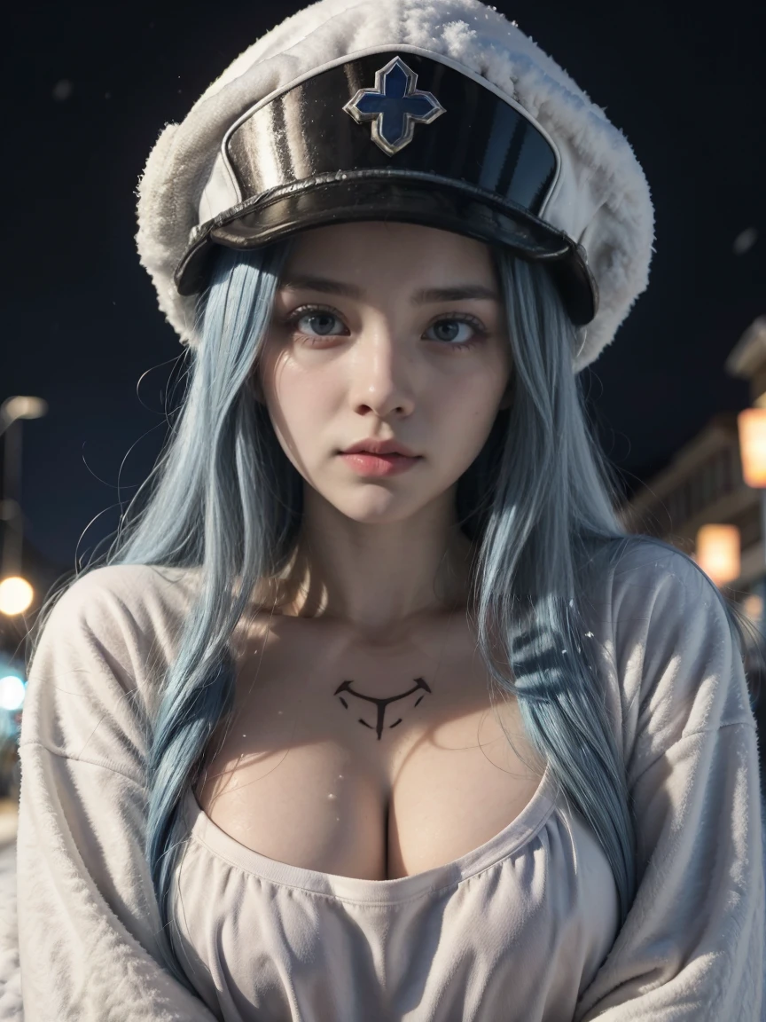 (artwork, best quality) a girl with long blue hair, blue eyes, blue eyelashes, tattoo, big breasts, white sweatshirt with hat, upset, on a street in Russia, snowing, at night