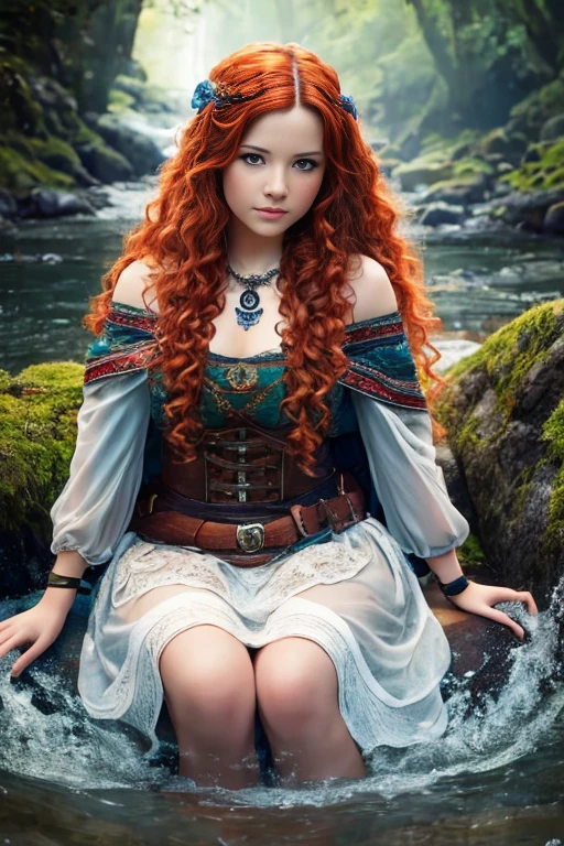 Ridiculous quality. Natural light. Hyperrealism. Great illustrations. Redhead girl with long curly hair and rose tattoo on shoulder and forearm, Wearing a white dress, Pentagram pendant around neck. She has one eye of each color: Right is green, Blue on the left. witch style, pagan, Celtic, At the bow of a small boat crossing a river shrouded in mist. Medieval style, Former Scottish, Avalon, 5th century.