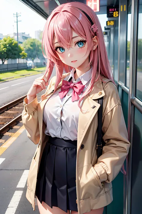 ((1 girl)), in the train, snickering, blush, latest fashion trends, street fashion,jacket, open chest,cool look, fashionable ski...