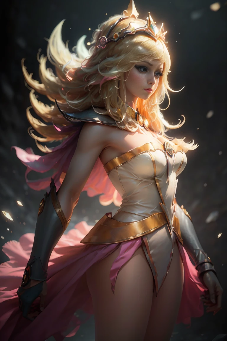 only, super fine photo, Unreal Engine 5 8K UHD digital artistic portrait of a girl, conceptual art, character concept design, wearing a tight, bright white dress with metallic details, golden crown, blue eyes, fantasy princess, metal glove, long blonde hair, The best quality, Masterpiece, super detailed, sharp focus, Subjective pose and sexy and innocent and