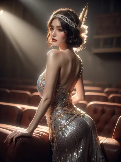 In a mid-angle shot, a woman is seen in a poised pose in the aforementioned vintage-style theater. She graces a sensual flapper ...