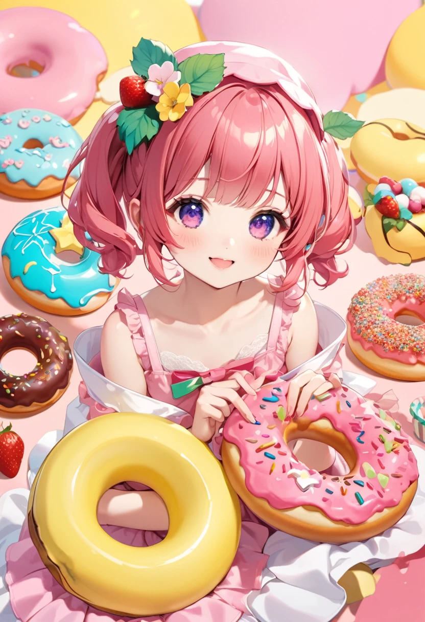 Highest quality、High resolution、Detailed Background、Beautiful face in every detail、Detailed eyes、Teenage Girl、Highly detailed face、cute hair color、ponytail、Twin tails、Fairy、A big smile、cute gesture、(Two cute Fairies are looking at you:1.5)、Fruit and food costumes、Fruit and Candy Costumes、colorful、Strawberries or bananas、Donut Costume、cute