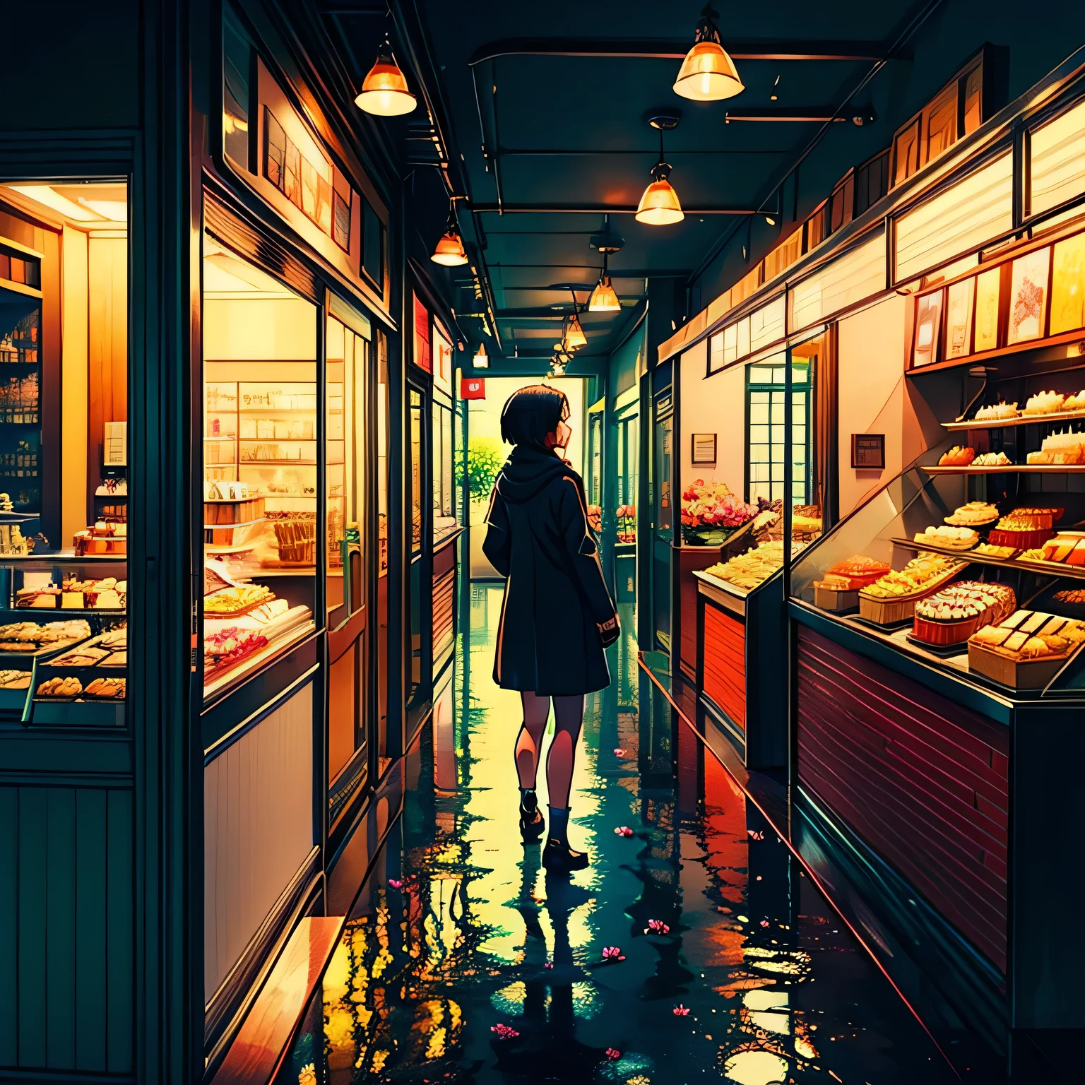 City flower shop, potted plants, flower, rainny night,water reflection puddle,oriental design, hanging lights , digital painting, sunset,wind up,concept art, illustration, intricate, many people, hanging lights, happy, beautiful colorful light, flower, plants ((tileset)) Anime - City street style scene, a woman waiting in front of a store, anime background art, detailed scenery - width 672, anime landscape concept art, anime style cityscape, Studio Ghibli anime style, Studio Ghibli art style, Studio Ghibli program, anime landscape, Studio Ghibli art style, Landscape artwork, Beautiful anime landscape, Forest city street, Ghibli art style, cake shop, cake shop, bakery cake shop, Makoto Shinkai style, Makoto Shinkai anime, Shinkai Makoto art style, insanely detailed, ((tmasterpiece)), absurdres, HDR, UHD, varied multi etc. --v6 --s1000 --c20 --q5 --chaos100