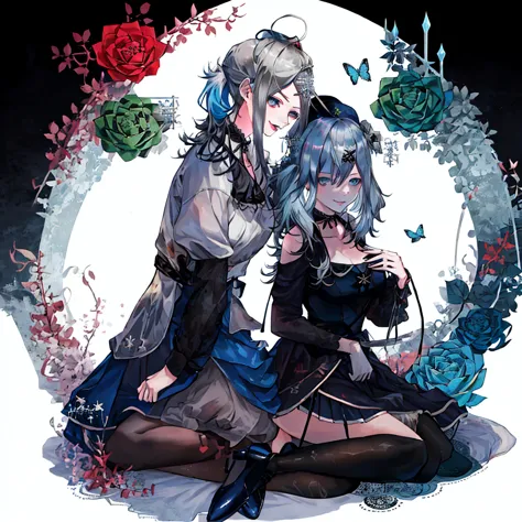 ((best quality)), ((masterpiece)), (detailed), 1girl, character design, female, dynamic poses, ((long blue hair)), grey white ey...