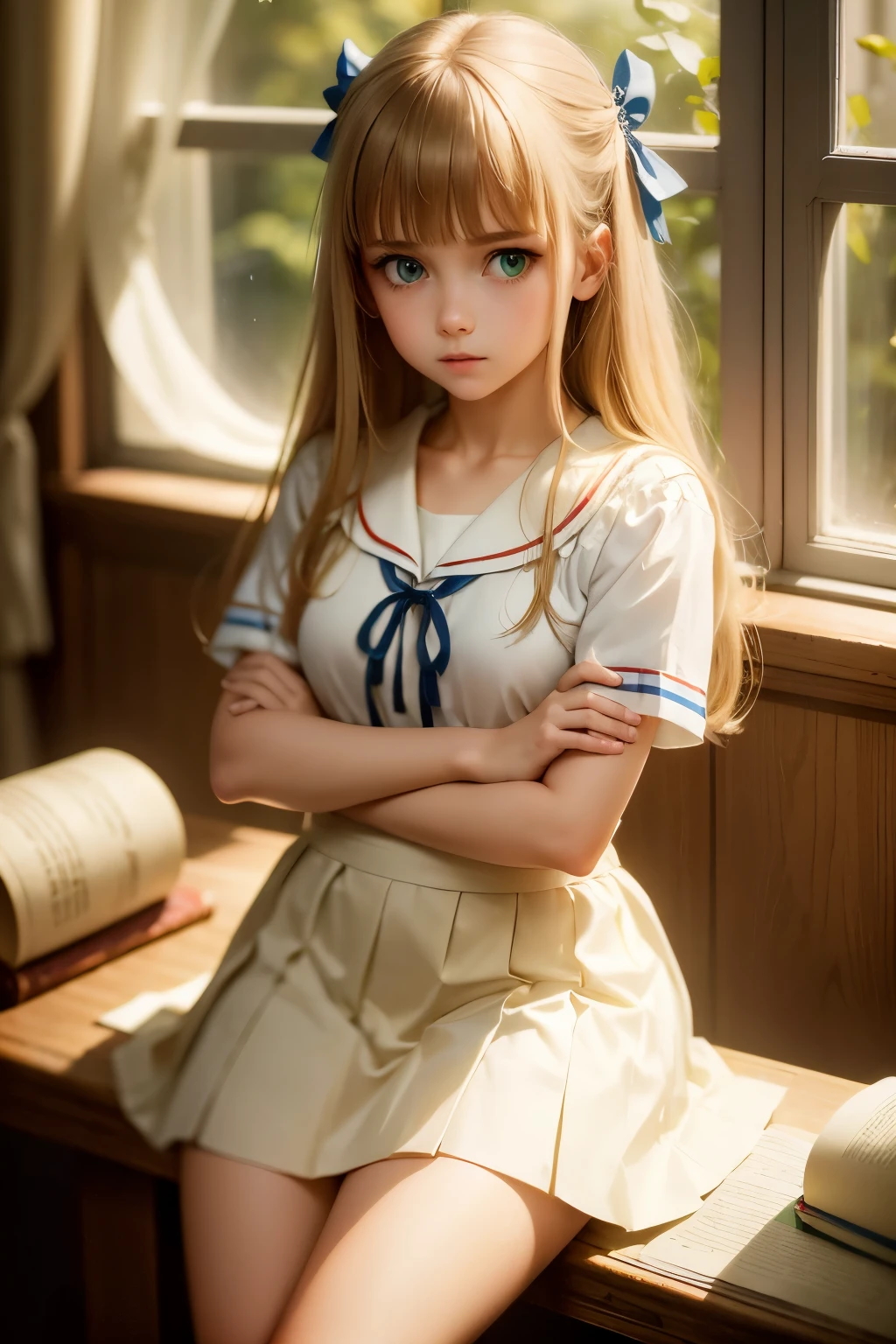 ((masterpiece,best quality, high resolution)), 1girl, solo, green eyes, blonde long hair tied with blue ribbon, blunt bangs, sitting, folded arms on the table, sleep on the folded arms, , white serafuku, red sailor collar, short sleeves, white pleated skirt, (in library), dramatic light, beside window, afternoon light through the window, afternoon, bokeh effect