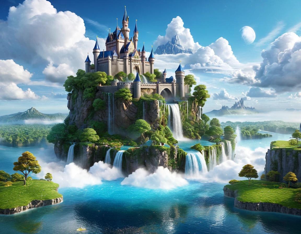 [Fantasy Castle emoji] Picture an ethereal landscape featuring a castle suspended in the clouds. The scene should be intricately detailed, with hyperrealistic elements such as floating islands and cascading waterfalls. Leverage realistic rendering techniques to ensure that the fantastical elements seamlessly blend with the photorealistic backdrop. Optimize the image for 8K resolution to showcase the immersive quality of the ethereal fantasy.