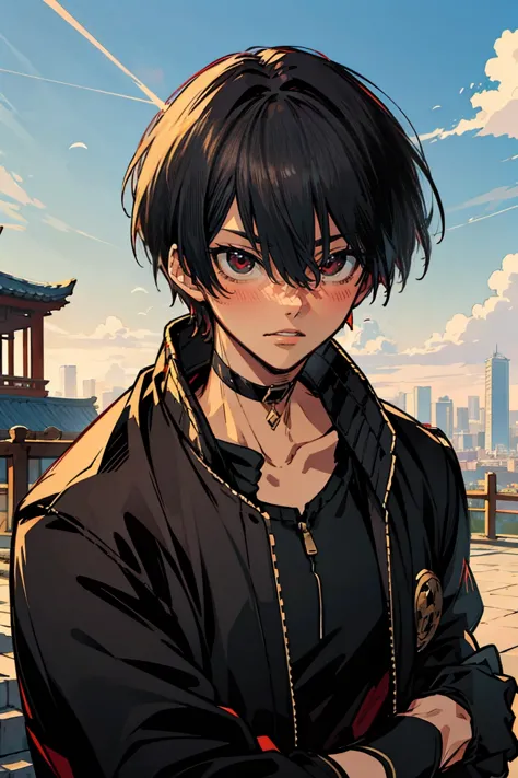 rekkyou sensen,rekkyo sensen, hasuichi nishizono, short hair, black hair, red eyes, boy, male, anime,1boy, bangs, hair between e...