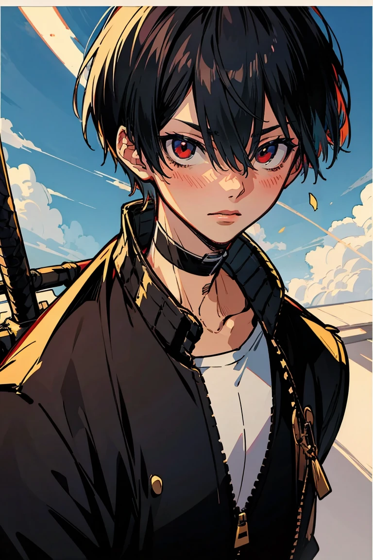 rekkyou sensen,rekkyo sensen, hasuichi nishizono, short hair, black hair, red eyes, boy, male, anime,1boy, bangs, hair between eyes, jacket, looking at viewer, male focus, solo, zipper, black clothes, black gloves, upper body, silver choker, blue sky, sunshine, shanghai, china, temple