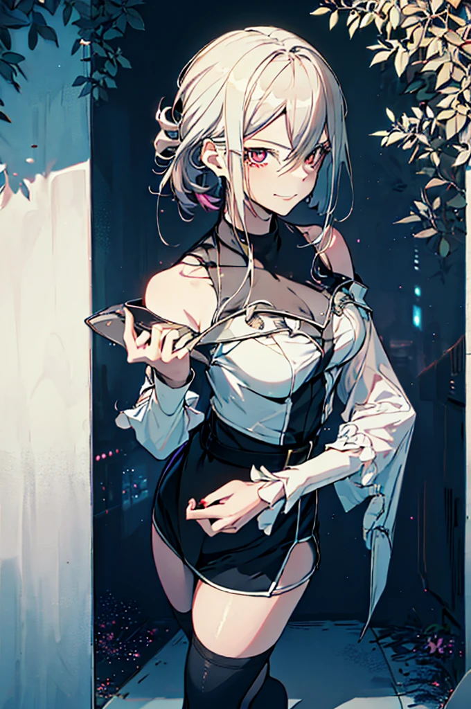 (masutepiece, Absurd quality, Best Quality, Official art, Beautiful and aesthetic:1.2), (1 little girl:1.4), ighly detailed, (Fractal Art:1.3), Colorful, highest details, Vivid Color, front view, holy knight, albino, baby-face,  Dark light, Fluffy white ruffled dress, White lace up short boots, white long hair, Beautiful detailed red eyes, glare at viewer,Full body,((whole body)),((white hair)),evil smile,