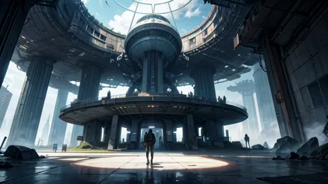 create a scenario of the entrance to an abandoned futuristic spaceship base. as if it were an airport for ships. futuristic scen...