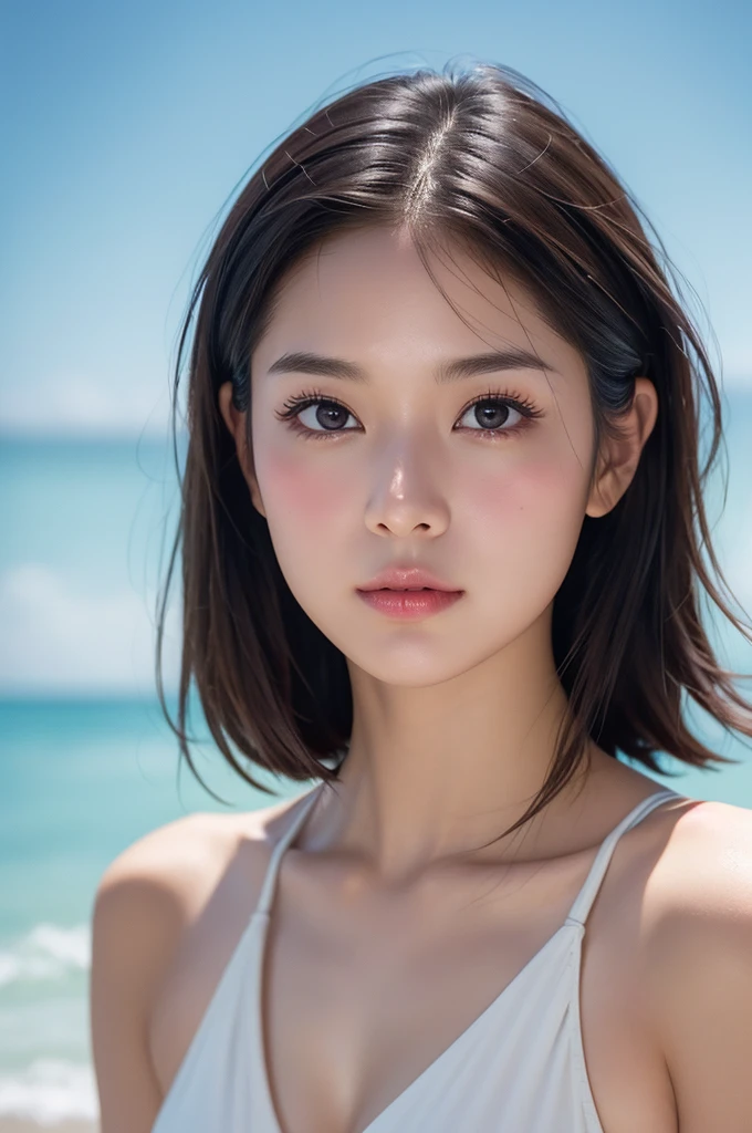 ((Highest quality)),((8K)),(Genuine)、(detailed)、(Beach)、(Bust up shot)、(Big Breasts)、Golden ratio of face to shoulder width、繊細でdetailedな鮮やかな美しい色の衣裳:1.4、Micro Bikini、Halter Neck Bikini、Glossy short bob、Glowing Skin、Japanese、beauty、Looking into the camera、Duck mouth、cute、Hehehe:1.2、Shot with a film camera、RAW shooting、#24、Genuine、フォトGenuine:1.4、Photon Mapping、Physically Based Rendering、Perfect Anatomy、detailedなデコルテ、detailedな目、detailedな二重、detailedな咬筋、detailedな鎖骨、Perfect Fingers、Finger Description、(品質 8K)、((White skin))、Avoid mascara、Hair with movement、detailedな毛穴、Natural light、detailedな描写、Blushing、Fine pores、Perfect cleavage、masterpiece、Blushing、Hair with movement、detailedな腹筋、Sparkling、Cowboy Pose、sexy、detailedな脇の下、(Big Breasts)、face closeup 、(Upper Body)、detailedな目元、