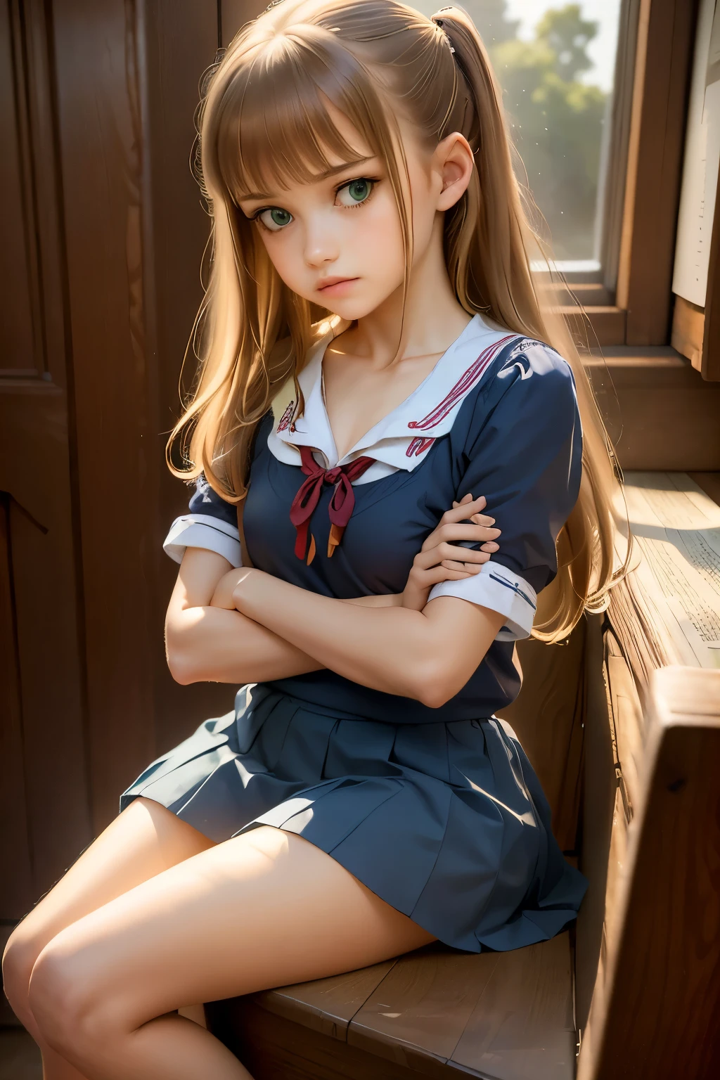 ((masterpiece,best quality, high resolution)), 1girl, solo, green eyes, blonde long hair tied with blue ribbon, blunt bangs, sitting, folded arms on the table, sleep on the folded arms, , white serafuku, red sailor collar, short sleeves, white pleated skirt, (in library), dramatic light, beside window, afternoon light through the window, afternoon, bokeh effect