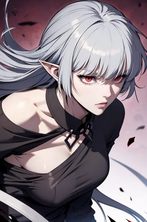 Alice is a gray haired vampire, long hair, Red eyes, Pointy ears, Small collar shirt, Black shirt, Bare shoulders, Separate slee...