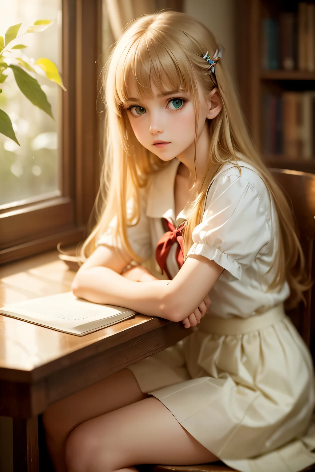 ((masterpiece,best quality, high resolution)), 1girl, solo, green eyes, blonde long hair tied with blue ribbon, blunt bangs, sitting, folded arms on the table, sleep on the folded arms, , white serafuku, red sailor collar, short sleeves, white pleated skirt, (in library), dramatic light, beside window, afternoon light through the window, afternoon, bokeh effect