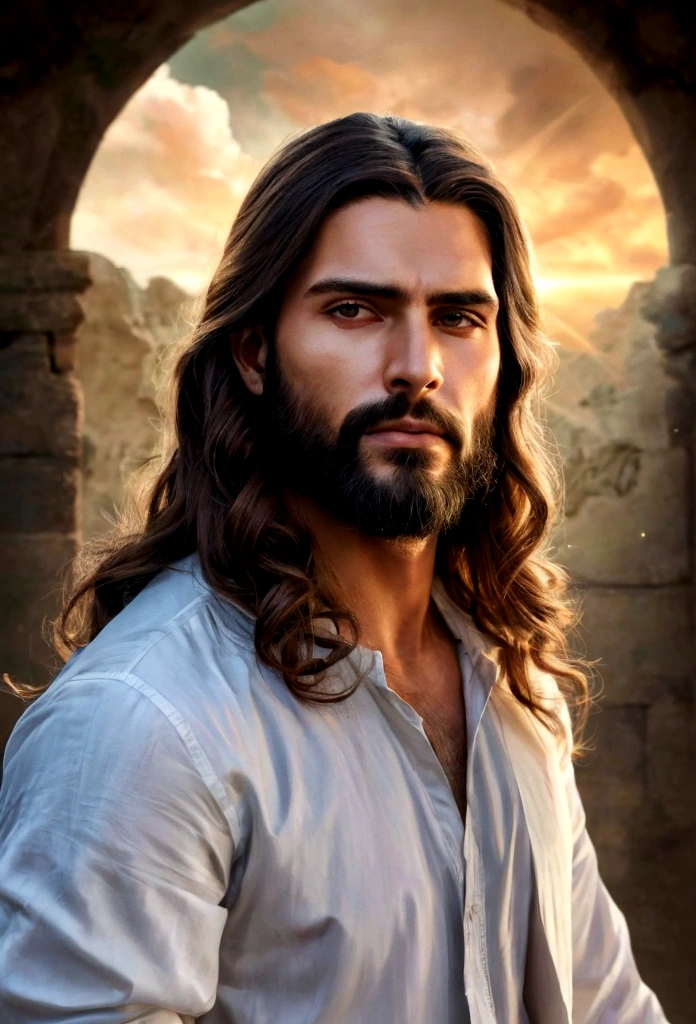 best quality,4k,8k,Altas,master part:1.2),ultra-detalhado,(Realistic,fotorrealista,photo-realistic:1.37),jesus cristo,estilo de arte tradicional,vivid and dynamic brushstrokes,Ancient playful setting ,Charismatic expression,postura humilde,historic portrait,Noble Features,estilo de pintura de tinta e lavagem,finely detailed facial features,dynamic compositing,Paradisiacal scenery,olhar confiante,,ambiente com Luz do sol dourada iluminando a cena,aura de angelical,atmosphric perspective,Explosive lighting, Jesus the man