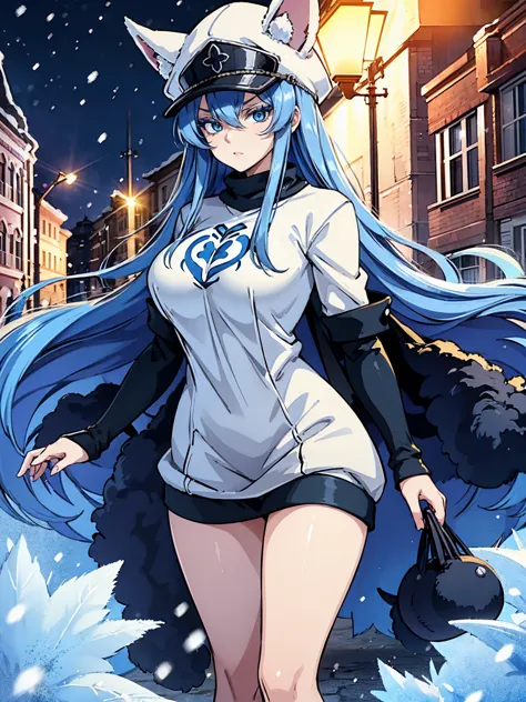 (artwork, best quality) a girl with long blue hair, blue eyes, blue eyelashes, tattoo, big breasts, white sweatshirt with a fuzz...