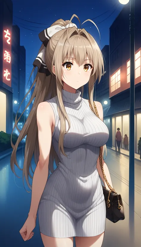 score_9, score_8_up, score_7_up, source_anime, aaisuzu, solo, long hair, antenna hair, ponytail, hair bow, breasts, night, stree...