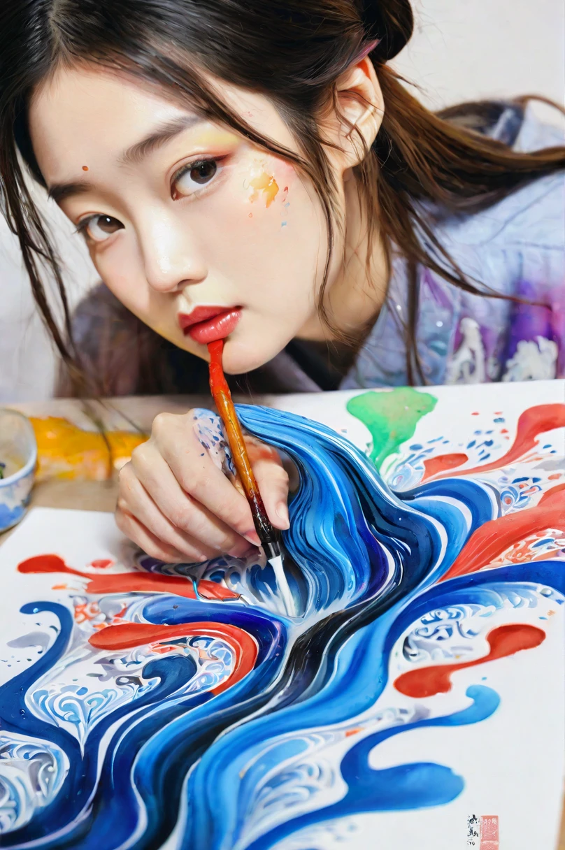 豐富多彩的, 多種顏色, 複雜的細節, 启动画面, 逼真的, 複雜細緻的流體水粉畫, 書法, 丙烯酸纖維, 水彩艺术,
傑作, 最好的品質, 1個女孩, 亞洲人,外福