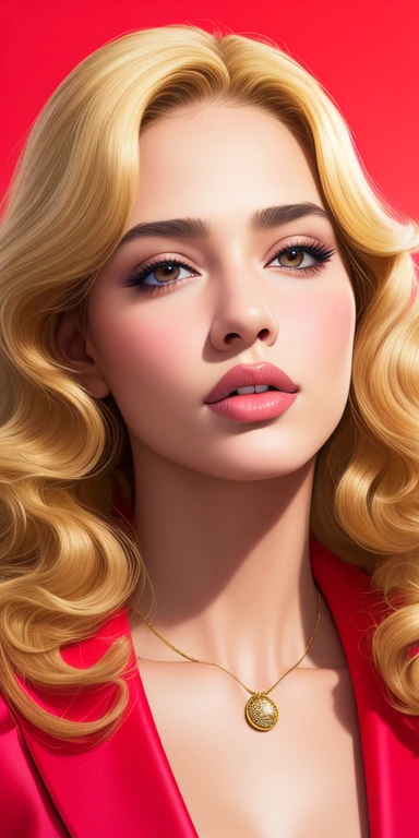 (work of art, best qualityer), Kizi, halfbody, longwavy hair, hair blonde, brown skin, eyes browns, lips, blush, breasts big, neckleace, redgown, bared shoulders (best qualityer, ultra detali, photorrealistic: 1.39), bright and vibrant colors, studio lighting, romantic expression, seducer