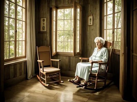 grandma catarina sitting alone in her rocking chair, with a distant and sad look in your eyes.