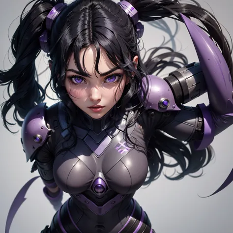 A woman with wavy black hair and purple eyes, black alien armor, parts, blush, shadow, Beautiful face