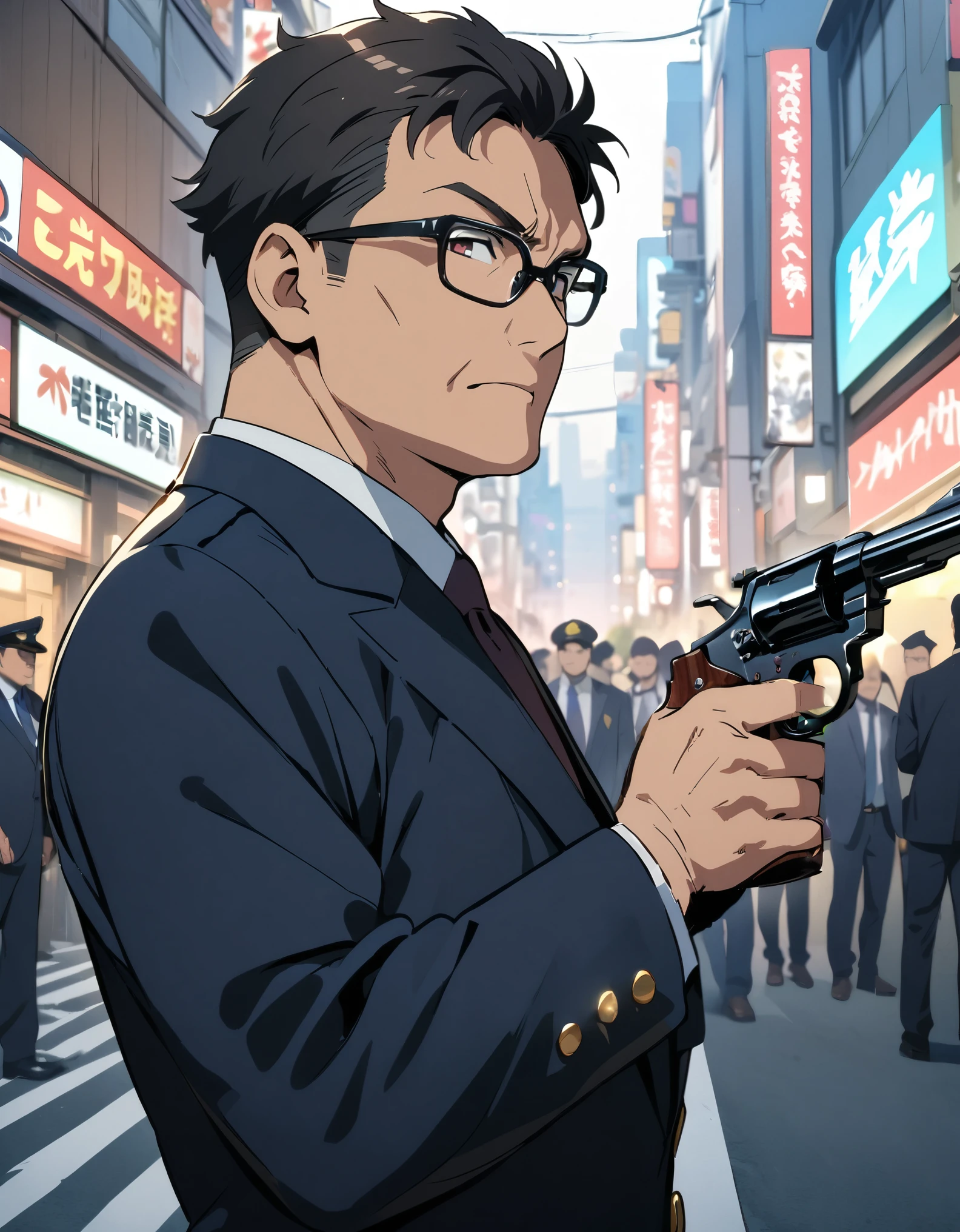 (masterpiece), (best quality), ((high res)), 1man, middle aged man, age 52, anime style, japanese policeman, suit and tie, police captain, police commissioner, black hair, short hair, fade haircut, hazel eyes, glasses, black-framed eyewear, (lora:perfect hands:1), (holding a gun, holding a pistol, 357 magnum revolver), tokyo city street backdrop, solo, solo focus